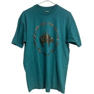 Vintage 90's Teal Native American Bear Single Stitch Tee Shirt Size L Gold‎ Foil